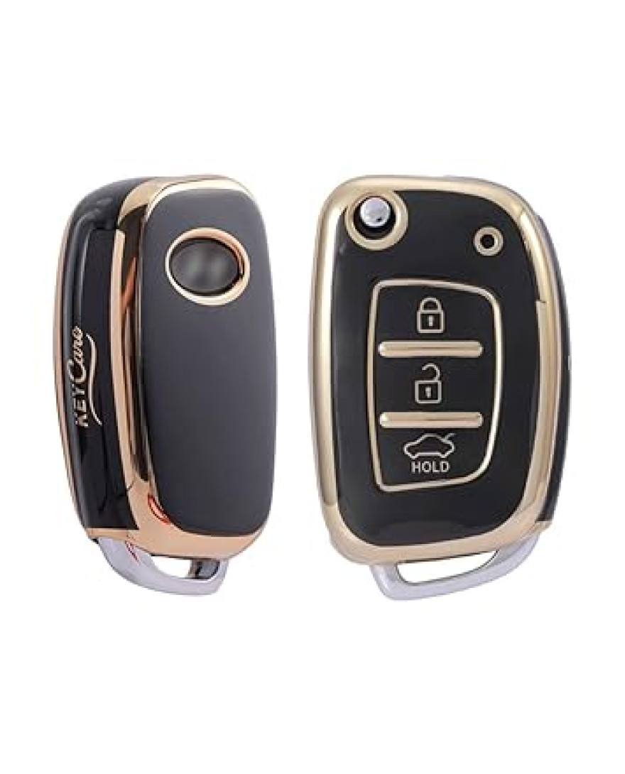 Keycare TPU Key Cover For Hyundai Creta, I20, Venue, Tucson, Alcazar, Grand I10, Aura, Xcent Flip Key | TP10 Gold Black